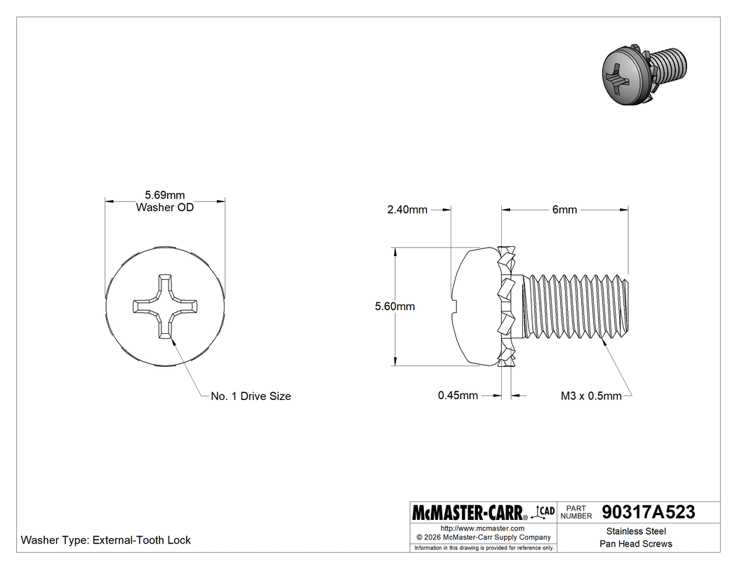 Technical Drawing of Stainless Steel Pan Head Screws, with External-Tooth Washer, M3 x 0.5 mm Thread, 6 mm Long.